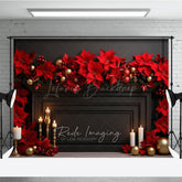 Lofaris Elegant Christmas Fireplace Photography Backdrop Black Mantel with Red Poinsettias Holiday Studio Photo Prop